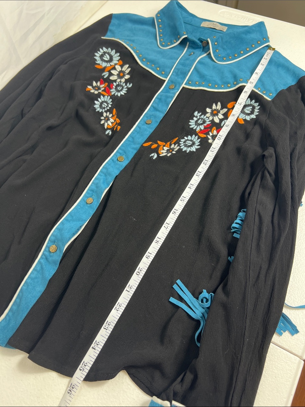 John Moon Sz XL Button Shirt Fringe Embroidered Black & Teal Cowgirl Western - Picture 7 of 12